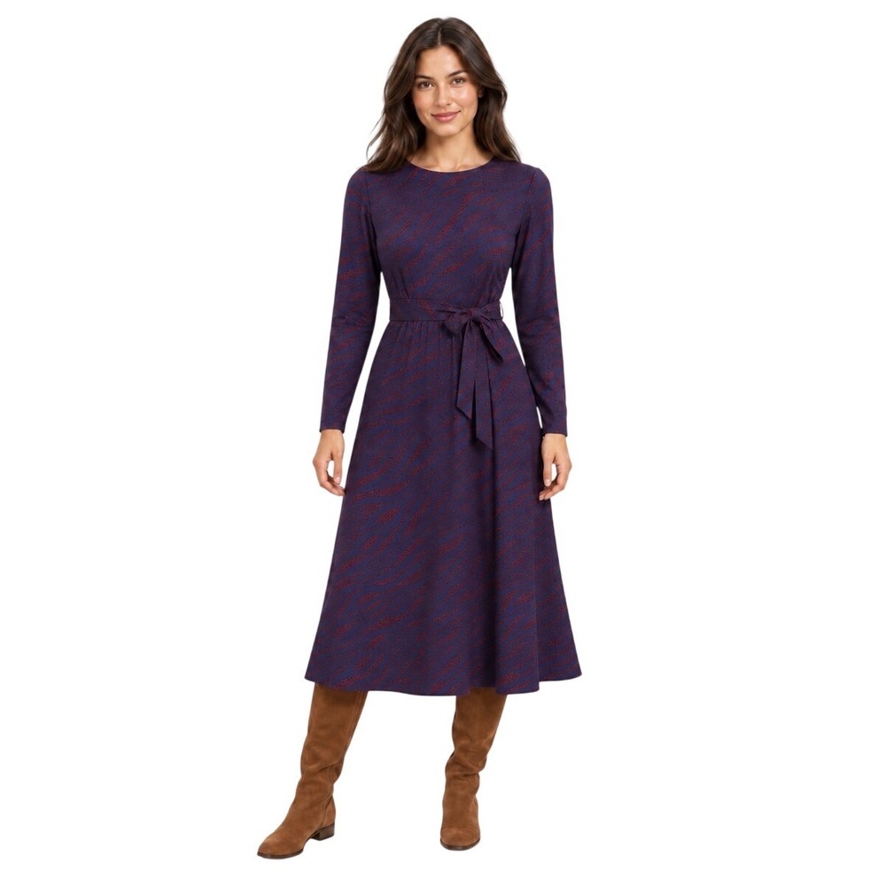 Boden Navy Blue Burgundy Animal Print Long Sleeve Midi Dress US 4P